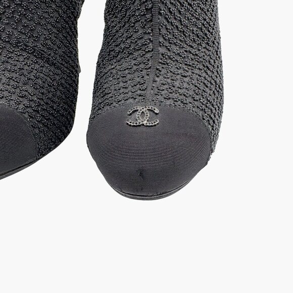 Chanel CC Cap Toe Ankle Booties Size 38.5 US 7.5-8 Black Beaded High Heel Boot - Picture 7 of 16